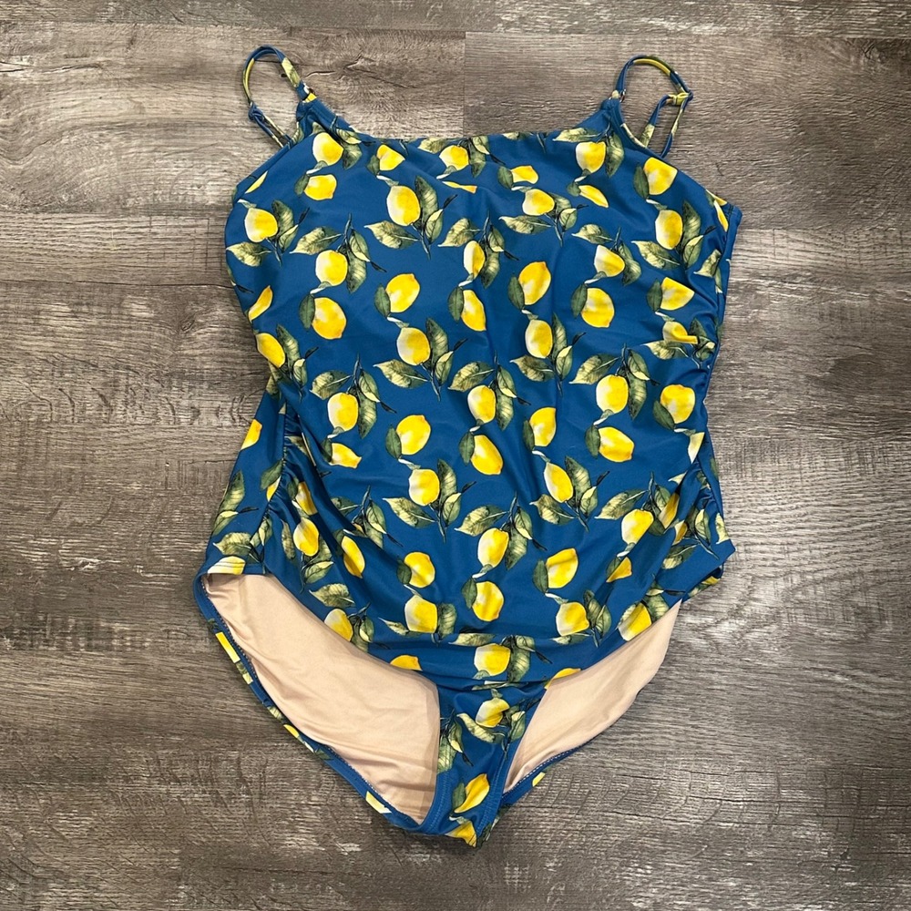 Carole Hochman Blue Lemon Print One Piece Swimsuit Ruched XXL‎ 14 Womens